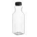 A clear plastic Square PET carafe juice bottle with a black lid.