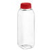 A 10 oz. clear square PET juice bottle with a red plastic bottle cap.