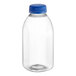 A clear plastic 12 oz. square juice bottle with a blue cap.
