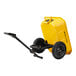 A yellow steel dump trailer with black wheels.