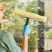 A woman using an Ettore Golden Glove window washer to clean a window.