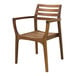 An Outdoor Interiors Eucalyptus Danish stackable arm chair with a slatted back and arms.