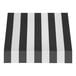 A black rectangular object with white border and a black and white striped fabric awning.