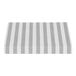 A grey and white striped fixed fabric awning with a rigid valance.