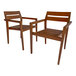 Two brown wooden stackable dining chairs on a white background.