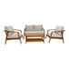 An Outdoor Interiors Eucalyptus conversation set with white cushions on a group of wooden chairs and a coffee table.