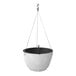 A white hanging planter with a metal hook.