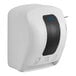 A white Lavex paper towel dispenser with a black lever.