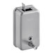 A silver stainless steel Lavex vertical liquid soap dispenser with a metal button.