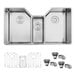 A close-up of a stainless steel Ruvati triple-bowl sink with parts.
