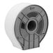 A white circular Lavex jumbo toilet tissue dispenser with a hole in the middle.