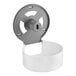A white and grey metal Lavex toilet paper dispenser with a keyhole lid.