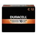 A black box of 12 Duracell C batteries with white text and orange accents.