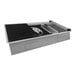 A rectangular silver and black Ruvati workstation sink with a drawer.