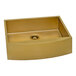 A Ruvati Terraza stainless steel farmhouse sink with a gold brass tone and a square bowl.