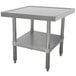 A stainless steel Advance Tabco mixer table with an undershelf.