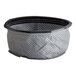 A grey fabric basket with black trim.