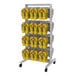 A white Udizine retail clothing display rack with yellow flip flops hanging on it.