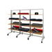 A Udizine white mobile retail clothing display stand with shelves holding shoes and hats.