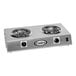 A silver Cadco double burner hot plate on a counter.