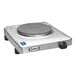 A silver Cadco portable electric hot plate with a black knob on top.
