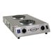 A Cadco stainless steel double burner hot plate on a counter.