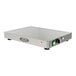 A silver rectangular Cadco electric countertop warming shelf with buttons and a green light.