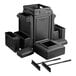 A black rectangular open top waste container with paper towel dispensers and squeegees inside.