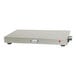 A white Cadco electric countertop warming shelf with a stainless steel surface and red button.