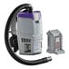 A ProTeam cordless backpack vacuum with a purple and grey tube attached.