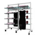 A white Udizine mobile retail clothing display stand with 2 faceouts holding a black dress.