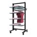 A black Udizine mobile retail clothing display rack with shelves and clothes on a hanging rail.