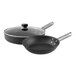 A LloydPans 3-piece aluminum non-stick cookware set with two black pans with lids.