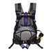 A grey and purple ProTeam GoFit backpack vacuum with a black strap attached.