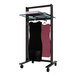 A black Udizine retail clothing display stand with 2 faceouts holding a black and white dress.