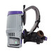 A ProTeam cordless backpack vacuum with a grey and purple strap.