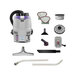 A ProTeam GoFit cordless backpack vacuum with various accessories including a black circular attachment.