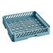 A blue plastic flatware rack with open sides and a metal grate.