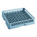 A blue plastic Main Street Equipment dish rack with metal rods and open sides.