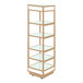A Xylo bronze coated stainless steel mobile buffet display with tempered glass shelves.