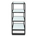 A black and white Xylo stainless steel buffet display with glass shelves.