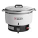 A white and black Emperor's Select natural gas rice cooker with a lid.