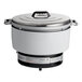 An Emperor's Select natural gas rice cooker with a white and black pot and lid.