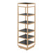 An Eastern Tabletop mobile buffet display with wood shelves and bronze coated stainless steel.