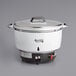 An Avantco natural gas rice cooker with a white and black pot and lid.
