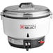 An Emperor's Select gas rice cooker with a white and black pot and lid.