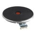 A black circular disc with a metal base and red button.