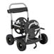 A black and grey Gorilla garden hose reel cart with wheels.