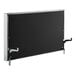 A black rectangular metal door assembly with metal hooks on the side.