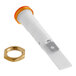 A white plastic tube with a nut and an orange cap.